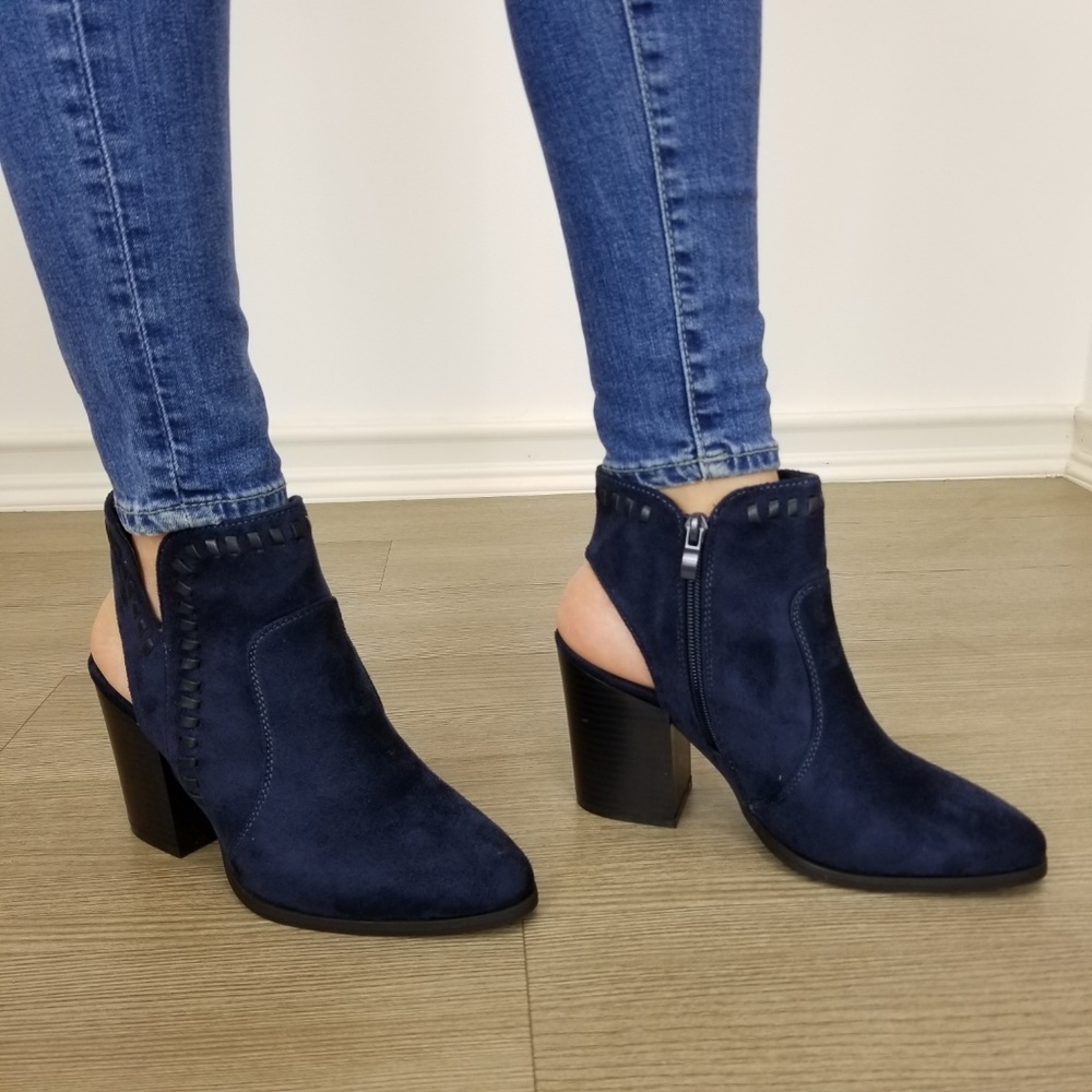Pointy Toe Navy  Suede Ankle Boots With Sling Back - Picture 3 of 8